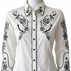 Scully Women’s Western Embroidered Button Up Shirt L White Black Floral Roses